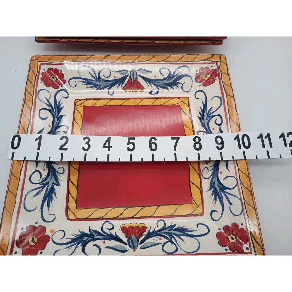 Tabletops Unlimited Italiano Square Dinner Plates Set Of 4 Red Blue Floral